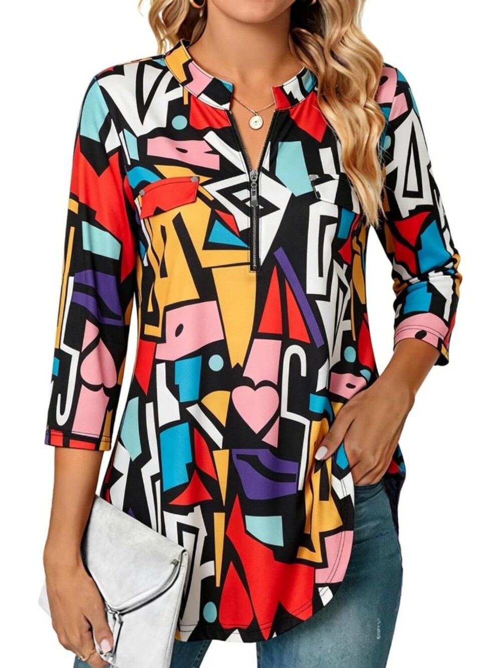 Floral Plaid Tunic Blouse - Women's 3/4 Sleeve Casual Zip Top for Everyday Style